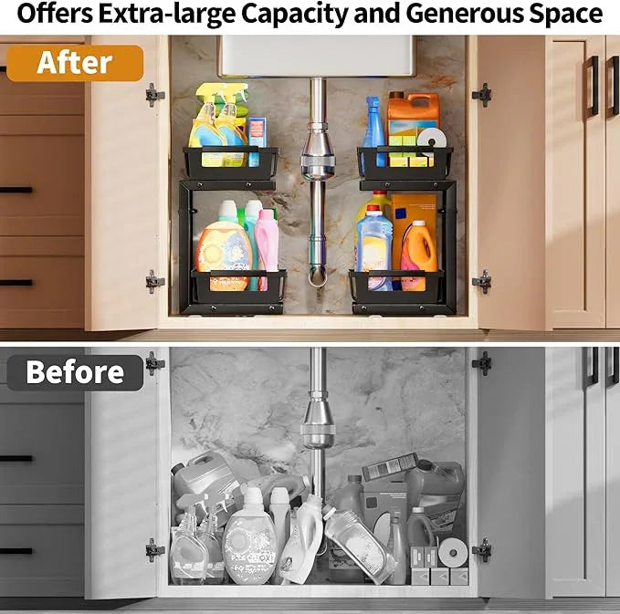 Under Sink Organizer 2 Pack, 2 Tier Adjustable Height Reinforced Carbon Steel Under Kitchen Bathroom Sink Storage Organizer, Smooth Pull-out Under Sink Cabinet Rack Drawer Organizer, Black - ModernBath