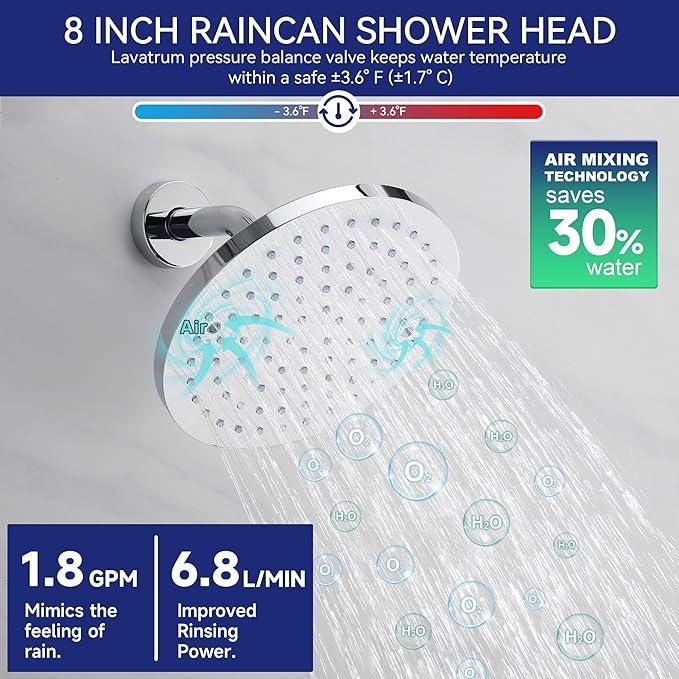 Lavatrum Chrome Shower Head and Handle Set Single Spray Premium Wall Mount 8 Inch Polish Rainfall Round Shower Faucet with Rough-in Valve and Trim Kit for Bathroom（1.8GPM) - ModernBath