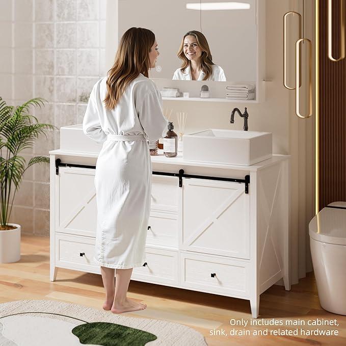 VNN Bathroom Vanity with Sink - 60 Inch Bathroom Vanity Double Sink Ceramic, Freestanding Cabinet with 2 Farmhouse Sliding Barn Doors and 5 Drawers, Space-Saving Storage Cabinet, White Wood Grain - ModernBath