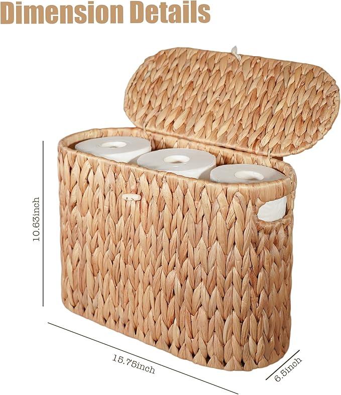 PINXIURY Water Hyacinth Toilet Paper Storage Basket, Bathroom Toilet Organizer with Lid, Woven Toilet Paper Holder for 6 Mega Rolls Bathroom Storage, Magazine Holder for Office, Bedroom - ModernBath