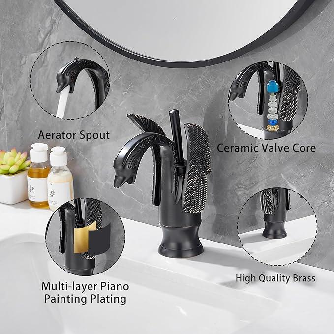 GGStudy Oil Rubbed Bronze Bathroom Faucet Swan Shape Single Handle One Hole Bathroom Vanity Faucet Basin Tap Deck Mount Lavatory - ModernBath