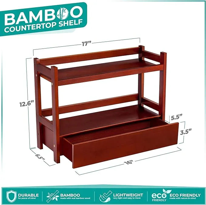 Sorbus Bamboo Bathroom Counter Organizer – 2-Tier Shelf with Hidden Drawer for Vanity, Matcha Station, Bathroom Sink Organizer Countertop, Kitchen & Office Storage (17″ L x 6.5″ W x 12.6″ H) (Brown) - ModernBath