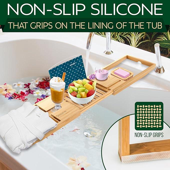 SereneLife Premium Bathtub Tray Caddy with Gift Box and Bow Set, Expandable Bath Tray, Unique House Warming Gifts for Mom, Women, Wedding, Anniversary, Bridal Shower, Fit for All Tub - Classic - ModernBath