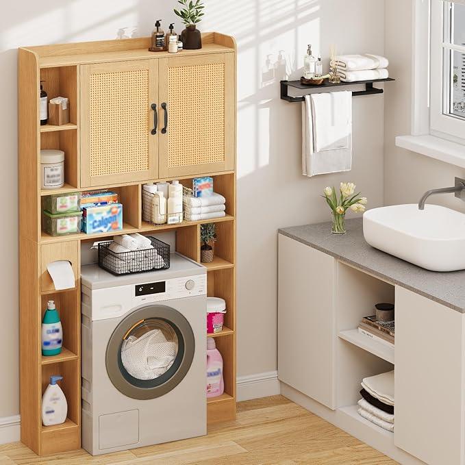 Vabches Farmhouse Style Rattan Over-The-Toilet Storage Cabinet with 2 Rattan Doors, Toilet Paper Holder - Space-Saving Oak Bathroom Organizer. - ModernBath