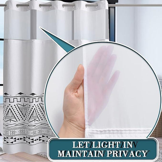 Conbo Mio Extra Long No Hook Waffle Weave Shower Curtain with Snap in Liner Set, Hotel Luxury Boho Shower Curtains for Bathroom with See Through Top Window, Waterproof, Washable 71W x 84H White - ModernBath
