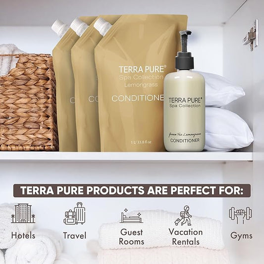 Terra Pure Spa Collection 1 Liter Conditioner Refill Bag For Soap Dispensers | Bulk Toiletries for Vacation Rentals, and Home Bathroom Showers | Green Tea Lemongrass | Set of 12