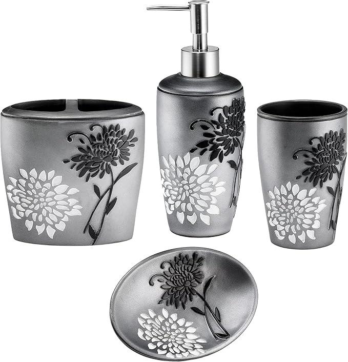 Zahari Home 4pc Erica Bathroom Accessories Sets Modern Classic Soap Dispenser, Tumbler, Tooth Brush Holder and Soap Dish Holder Unique Design Grey Bathroom Set - ModernBath