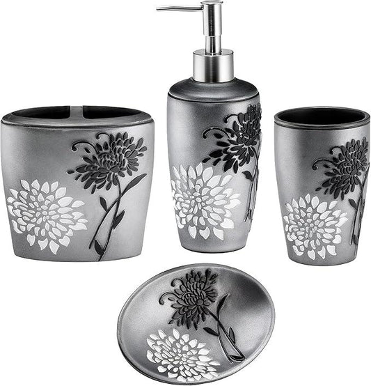 Zahari Home 4pc Erica Bathroom Accessories Sets Modern Classic Soap Dispenser, Tumbler, Tooth Brush Holder and Soap Dish Holder Unique Design Grey Bathroom Set - ModernBath