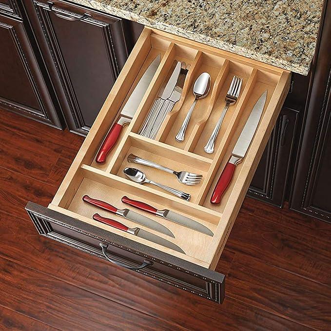 Rev-A-Shelf Trim-to-Fit Silverware Drawer Organizer For Kitchen Utensil Cutlery Cabinet Storage, Natural Maple Wood 7 Compartment Tray Insert 4WCT-1SH - ModernBath