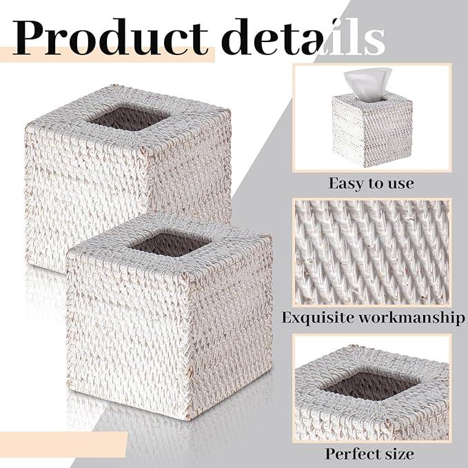 Kigley 2 Pcs Square Rattan Tissue Box Cover Boho Wicker Tissue Cube Box Cover 5.5'' x 5.5'' x 5.5'' Decorative Natural Wicker Hand Woven Napkin Box Holder Bathroom Office Car Accessories (White) - ModernBath