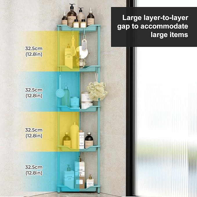 Orimade Rustproof 5 Tier Floor Standing Corner Shower Caddy Organizer, Plastic Metal Splicing Floor Corner Shelf Rack Stands for Bathroom, Blue - ModernBath