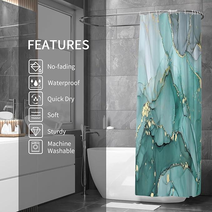 Gibelle Small Stall Shower Curtain 36 x 72, Narrow Half Abstract Turquoise Marble Shower Curtain, Modern Ink Art Waterproof Fabric Shower Curtain Set with Hooks - ModernBath
