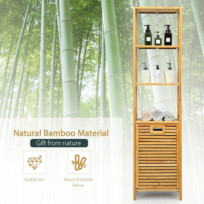 Giantex 63'' Tilt Out Laundry Hamper and 4-Tier Storage Shelves, Removable Clothes Basket with Easy Carry, Bamboo Tower Hamper Organizer, Great for Bathroom, Bedroom, Laundry Room, Closet, Nursery - ModernBath