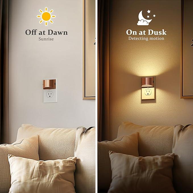 JandCase LED Night Lights Plug into Wall, 2 Pack Rose Gold Modern Night Lights, Dusk to Dawn Sensor Nightlight,0-100LM Brightness Adjustable, 3000K Soft White - ModernBath