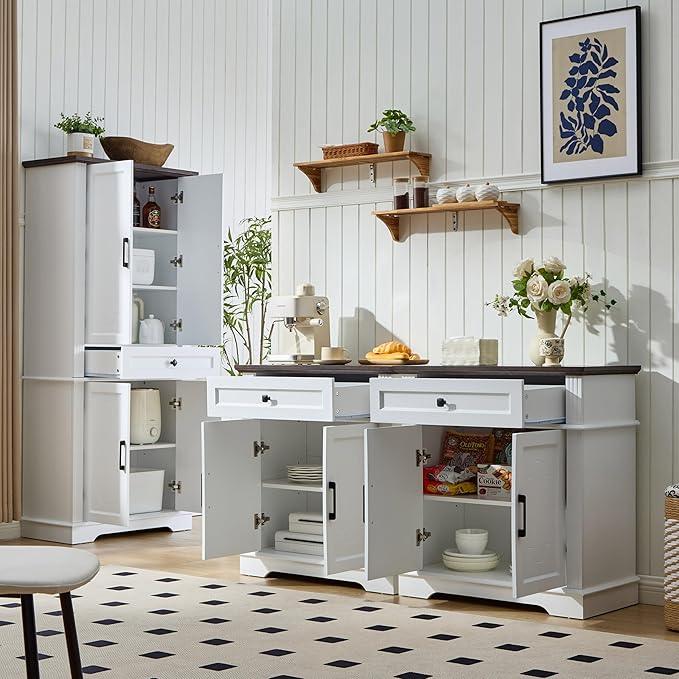 White Farmhouse Storage Cabinet with 2 Doors and 1 Drawer, Adjustable Shelf, Freestanding Kitchen Pantry Cabinet, Modern Buffet Sideboard Coffee Bar Cabinet Living Room Bathroom Dining Room - ModernBath