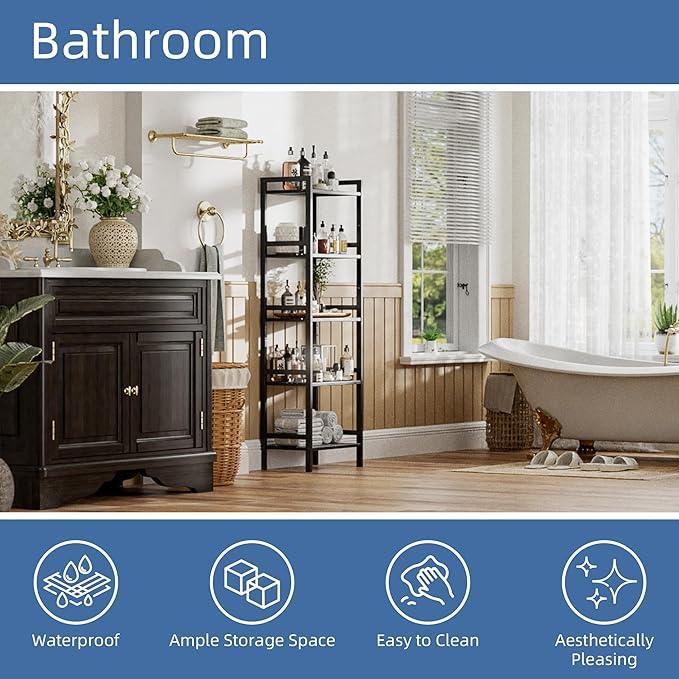 HITNET 5 Tier Narrow Bookshelf, Bamboo Bookcase, Slim Tall Storage Rack Free Standing Shelving Unit with Adjustable Shelves for Living Room Bedroom Bathroom, Black - ModernBath