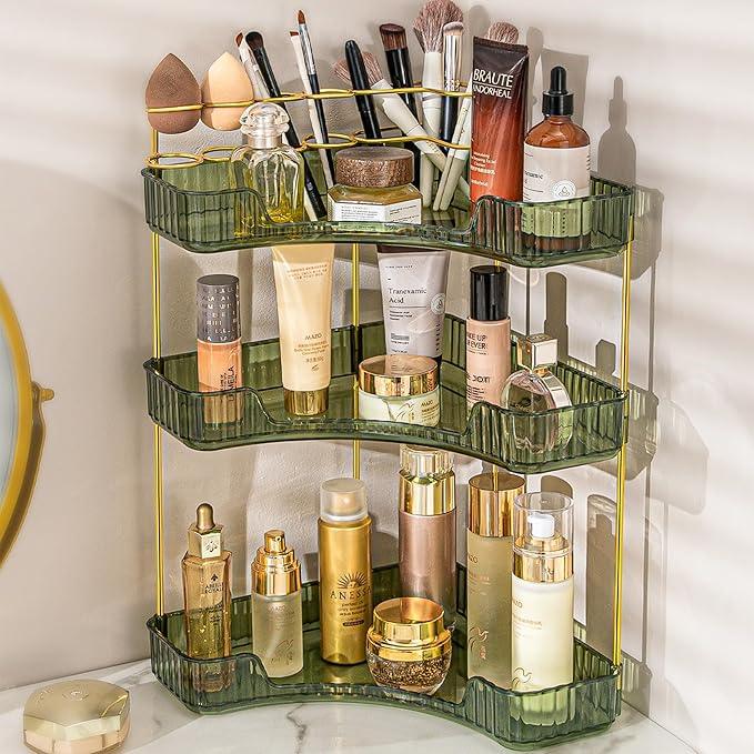 shuang qing Upgraded 3-Tier Corner Bathroom Countertop Organizer – Spacious Storage for Makeup, Skincare & Perfumes, Built-in Brush Holder Fits Vanity/Dresser/Bsthtub (Sage Green) - ModernBath