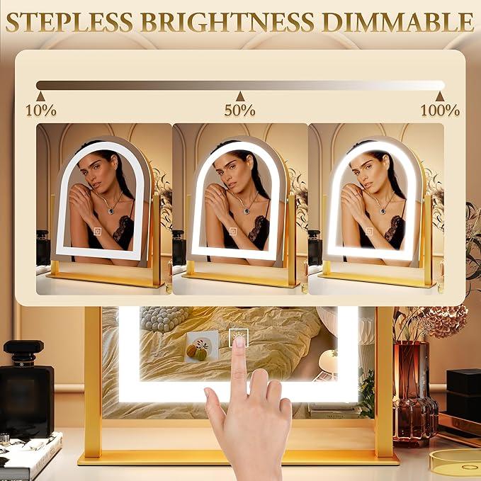 ROLOVE Lighted Makeup Mirror with 3-Color Dimmable Lighting, with Removable 10x Magnifier, Smart Touch Control, 360° Rotation, 15" x 13" Hollywood Vanity Mirror for Tabletop Desk (Gold) - ModernBath