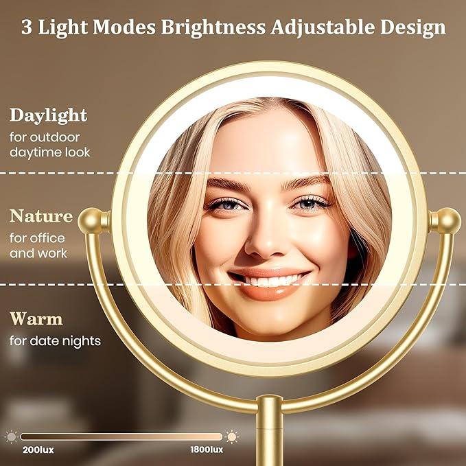 VESAUR 8.5'' Large Gold Lighted Makeup Mirror, 1X/10X Clear Seamless Magnifying Mirror, Bright Vanity Mirror with 3 Colors Dimmable Lights, Two-Sided 360°Rotation Stable Base, Luxury Nickel, Gift Box - ModernBath