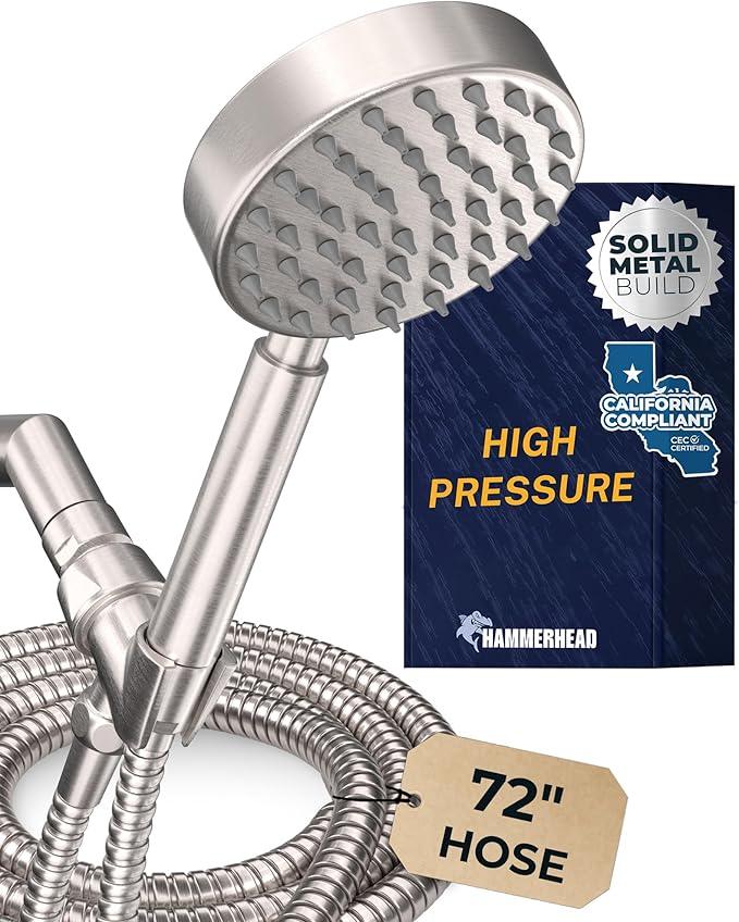 HammerHead Showers® Solid Metal LOW FLOW Handheld Shower Head with Hose and Brass Holder - BRUSHED NICKEL – Water Saving 1.75 GPM Detachable Shower Head - Adjustable Shower Wand Bracket & 6ft Hose - ModernBath