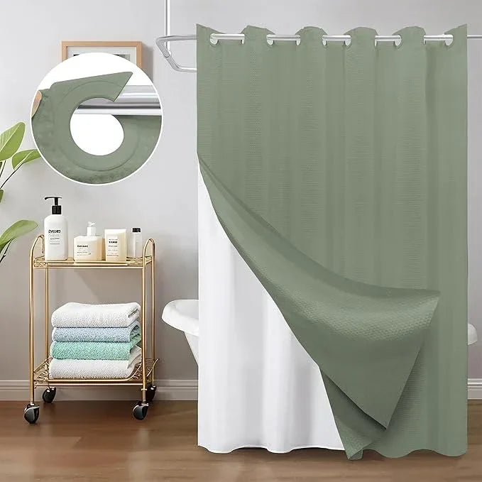 Inhousolu No Hook Waffle Weave Shower Curtain with Removable Snap in Fabric Liner Set for Bathroom, 230 GSM Heavy Duty Weighted Hem, Water Repellent Washable Bath Curtains, 72 x 72 Inch, Sage Green - ModernBath