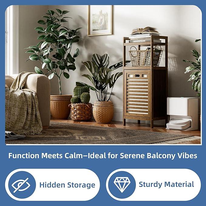 HITNET Bamboo Tilt Out Laundry Hamper, Bathroom Storage Cabinet with Hidden Removable Basket and 2 Open Shelves, Space Saving Bamboo Storage for Clothes, Towels and Toys, Walnut - ModernBath