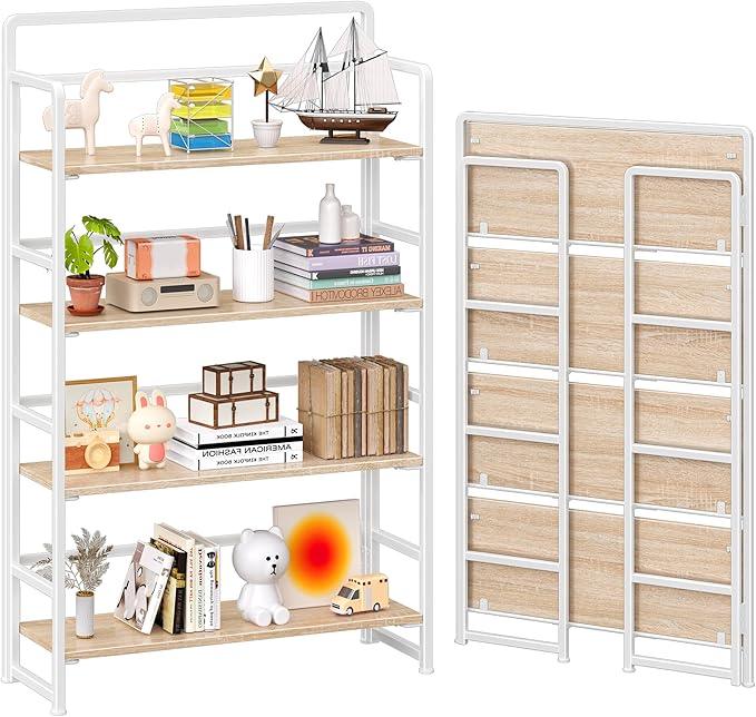 4NM No Assembly Extra Wide 4 Tiers Folding Bookshelf Storage Shelves Vintage Bookcase Standing Racks Study Organizer Home Office (Natural White) - ModernBath