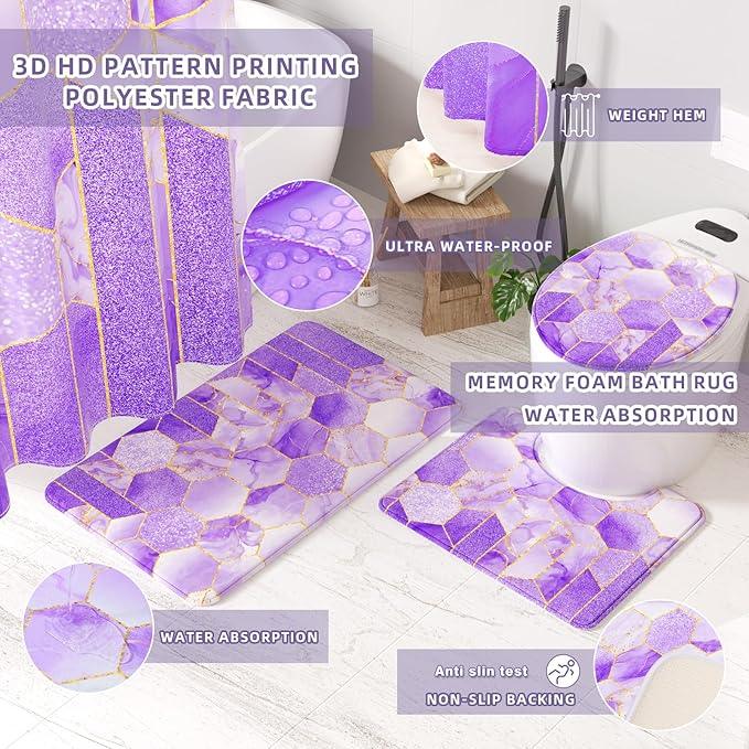XLHOMO Bathroom Set - 26PC Bathroom Set with Shower Curtain and Rugs, Bathroom Accessory Set, Purple Bathroom Accessories Set, Trash Can & Soap Dispenser - ModernBath