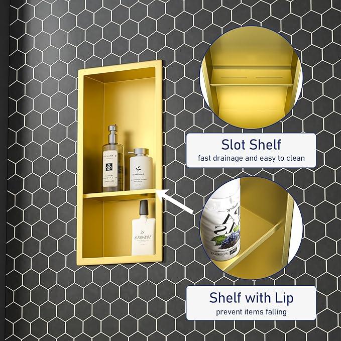 Stainless Steel Shower Niche 18"×8" Gold Double Shelf No Tiled Needed Niche Shower for Bathroom Wall Storage Recessed Bathroom Shelf - ModernBath