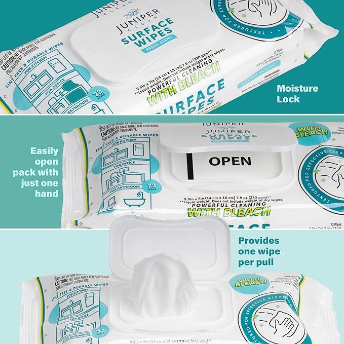 Juniper CLEAN 3 Pack Surface Cleaning Wipes with Bleach, All-Purpose Cleaner for Bathroom, Kitchen, Office, 216 Count Soft Flow, Fresh Scent, Lint Free & Durable - ModernBath