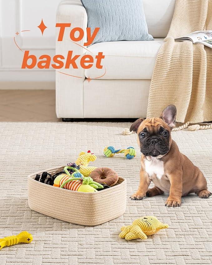 Small Woven Basket, 13.5 x 9.5 x 5 Inches, Storage Basket for Organizing, Cute Small Rope Shelf Closet Cube Storage Bins Baskets for Shelves, Dog Toy Gift Baskets Empty, 3 Packs, Beige - ModernBath