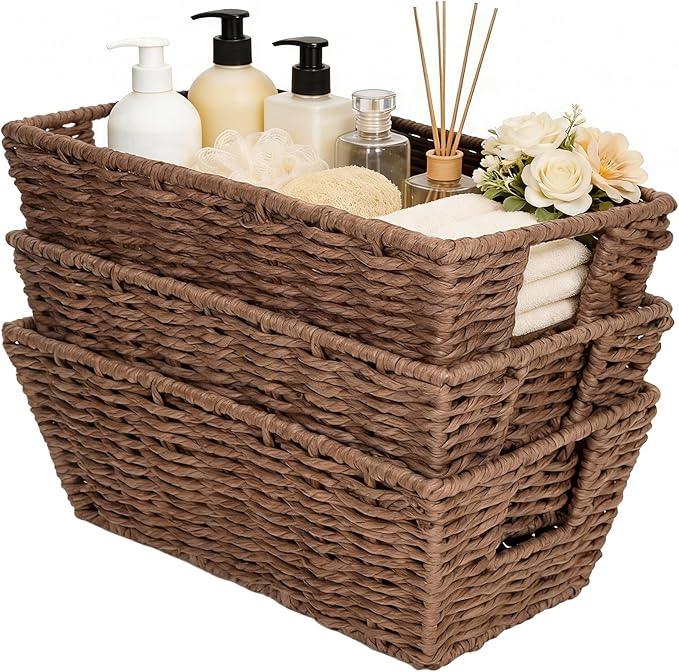 Paper Rope Storage Baskets for Shelves Organizing, Small Hand Woven Wicker Organizer Basket with Handle for Bathroom Toilet Paper Storage, Brown, 3-Pack - ModernBath