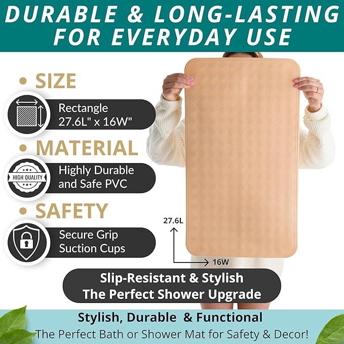 ENKOSI Bath Mat for Bathtub and Shower Floors - Non Slip Shower Mat – Anti Slip Tub tub Mat with Strong Suction Cup Grip – Soft, Beige Bathroom Mat for Inside Baths and Showers (28x16 Beige) - ModernBath