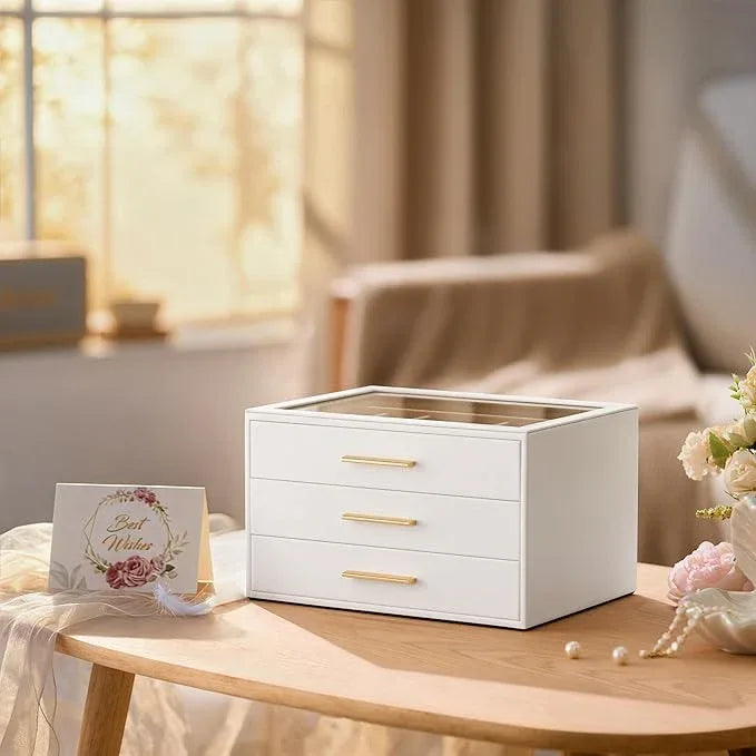 pickpiff Jewelry Box Organizer Case for Women: 3-Layer Jewelry Storage Case with Glass Window, Pure White Leather with Velvet Holder for Ring Necklace Bracelet Brooch Watch, Great Gift for Her - ModernBath
