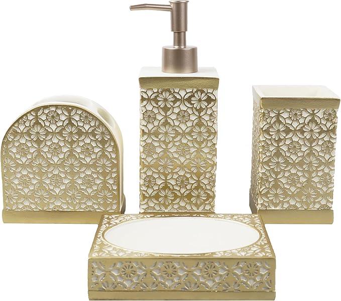 Hymmah Gold Bathroom Accessories Set,Farmhouse Bathroom Decor,4 Pcs Resin Gift Set Apartment Necessities, Contain Cotton Swab Jar,Soap Dispenser,Tumbler，Soap Dish/Tray - ModernBath
