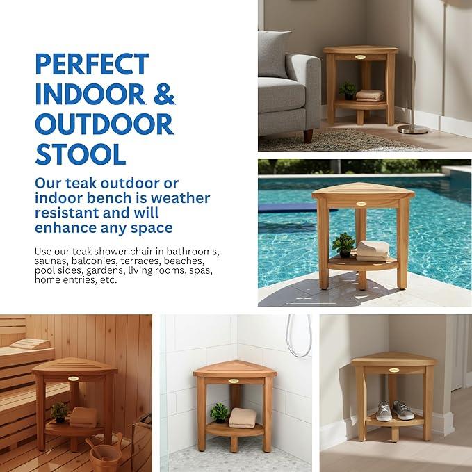 EcoDecors Snazzy Corner Waterproof Teak Wood Shower Bench Stool Seat Chair For Inside Shower Provides Safety, Storage, and Organization For Bathroom Accessories - ModernBath