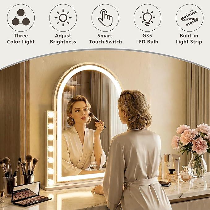 FENCHILIN Arched Vanity Mirror with Lights, 32“ x 26" LED Makeup Hollywood Vanity Mirror with 14 Dimmable Bulbs& LED Strip Smart Touch Control Detachable 10X Magnification White - ModernBath