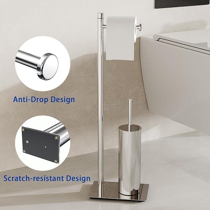 RUACQ Toilet Paper Holder Stand with Toilet Brush and Holder Set, 304 Stainless Steel Bathroom Toilet Tissue Paper Roll Holder Free Standing, Weighted Base, Heavy Duty (Chrome) - ModernBath