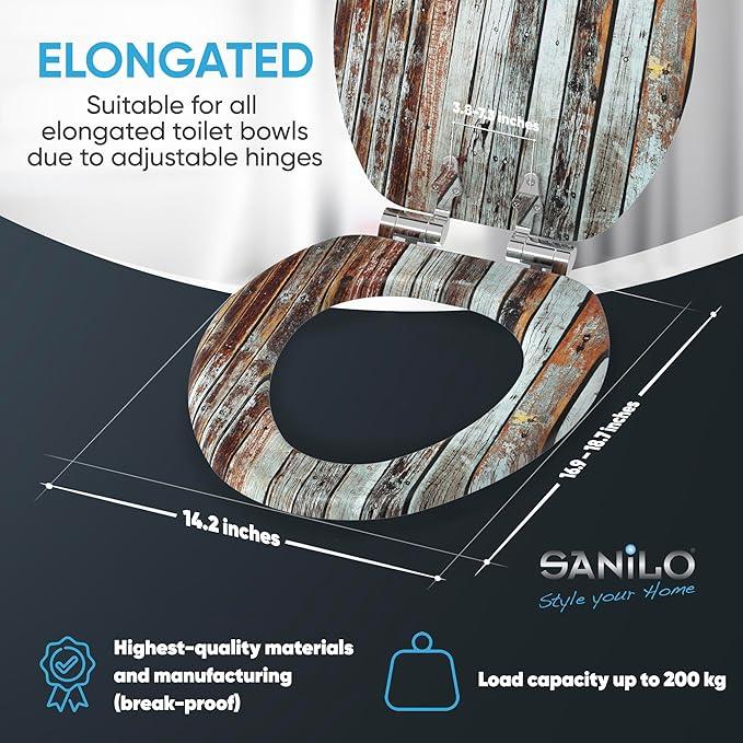 SANILO Wooden Toilet Seat with Soft Close [ELONGATED] - Decorative, Quiet & Slow Close Molded Wood Seat - With Strong Bumpers & Hinges - Adjustable Fit - Antique - ModernBath