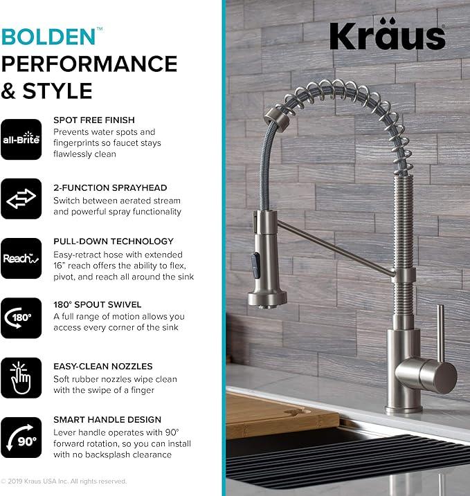 KRAUS Bolden Commercial Style 2-Function Single Handle Pull Down Kitchen Faucet in Spot-Free Stainless Steel, KPF-1610SFS - ModernBath