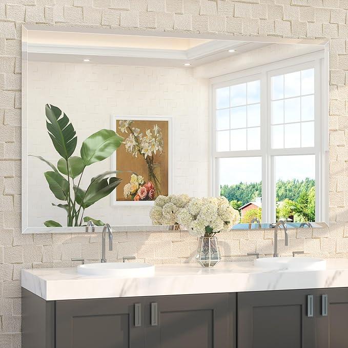 TETOTE 60" x 36" Rectangle Tempered Mirror with Frameless Beveled Edge for Vanity and Bathroom - ModernBath
