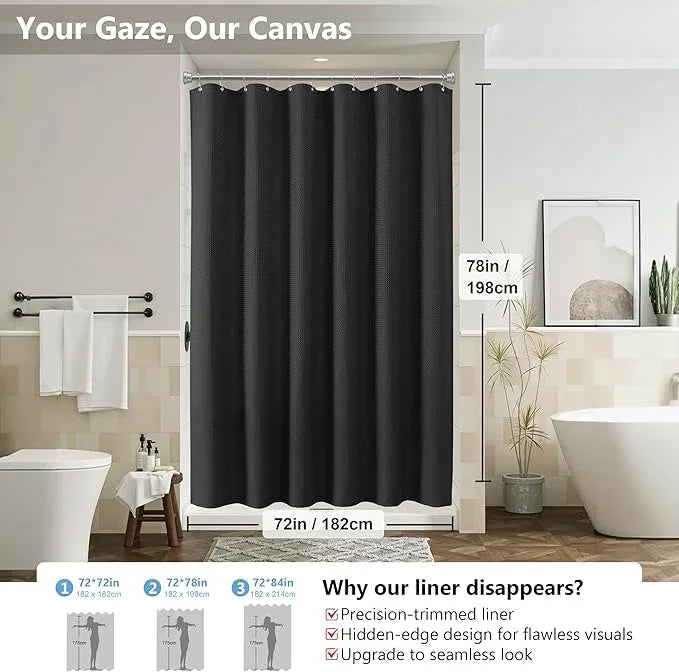 VANZAVANZU Luxury 3 in 1 Shower Curtain Set 3D Textured Waffle Weave Bathroom Curtain with Waterproof SGS Certified Fabric Liner & 12 Anti-Fall Stainless Steel Hooks, Machine Washable 72"x78" (Black) - ModernBath