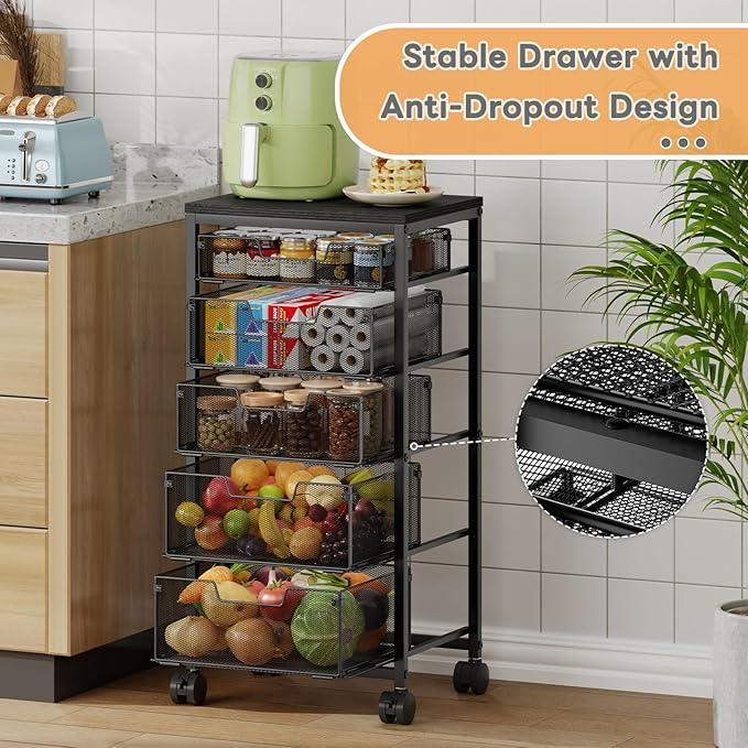 Kitchen Storage Cart with Drawer, 5-Tier Fruit Vegetable Storage Cart, Kitchen Organizer and Storage Cart with Wheels, Wooden Top Metal Wire Pantry Storage Cart rack for for Fruit Snack Onion Potato - ModernBath