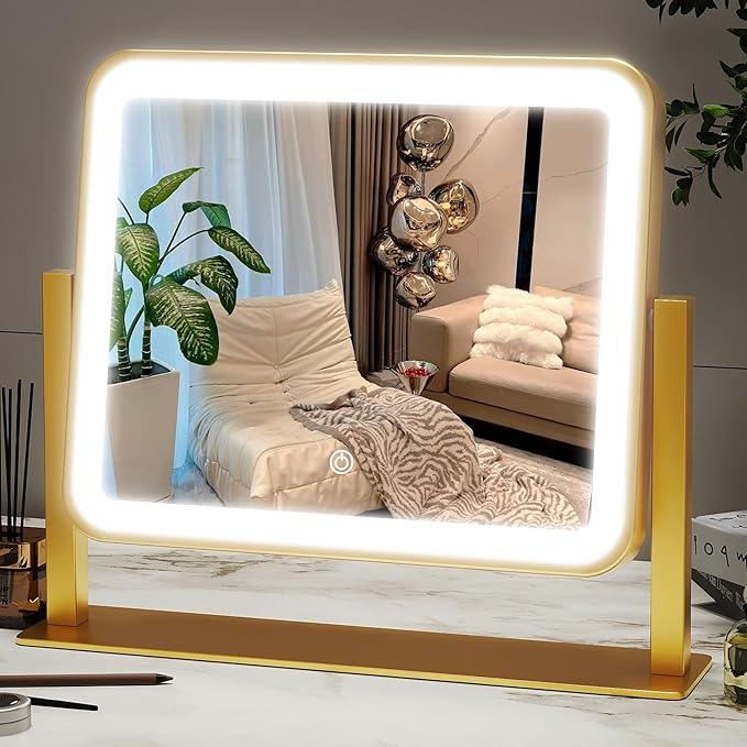 ROLOVE Gold Lighted Makeup Mirror, 14"x12" Vanity Mirror with Smart Touch Control, 3-Color Dimmable Lighting, 360° Rotation for Desk or Bedroom - ModernBath