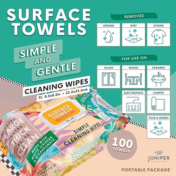 Juniper CLEAN Single Surface Cleaning Wipes Bleach Free, Thick & Large Dispose, All-Purpose Cleaner for Bathroom, Kitchen, Office, 100 Count Soft Flow, Biodegradable, Citrus Scent - ModernBath