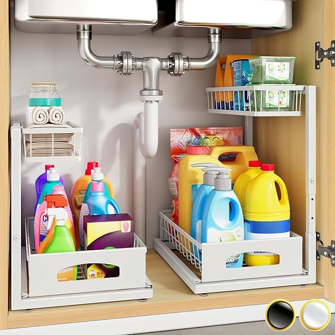 Under Sink Organizer, 2 Pack Height Adjustable Cabinet Organizer with Slide Out Drawer, Pull Out Under Sink Storage, Multi-Purpose 2 Tier Sink Shelves for Kitchen Bathroom Pantry (White, 2 Pack) - ModernBath