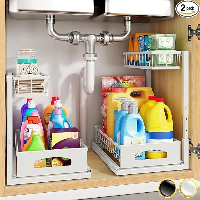 Under Sink Organizer, 2 Pack Height Adjustable Cabinet Organizer with Slide Out Drawer, Pull Out Under Sink Storage, Multi-Purpose 2 Tier Sink Shelves for Kitchen Bathroom Pantry (White, 2 Pack) - ModernBath