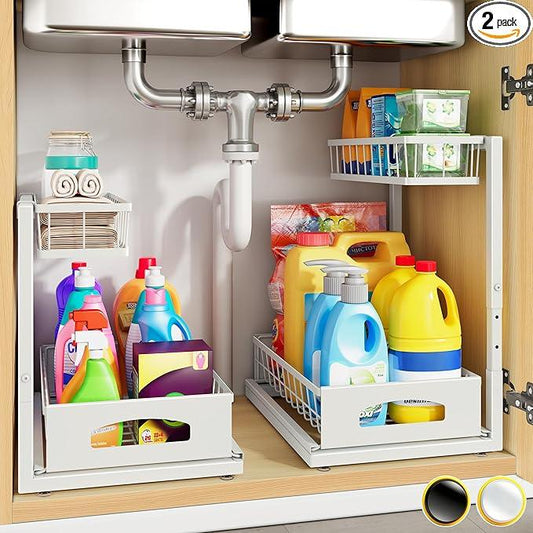 Under Sink Organizer, 2 Pack Height Adjustable Cabinet Organizer with Slide Out Drawer, Pull Out Under Sink Storage, Multi-Purpose 2 Tier Sink Shelves for Kitchen Bathroom Pantry (White, 2 Pack) - ModernBath