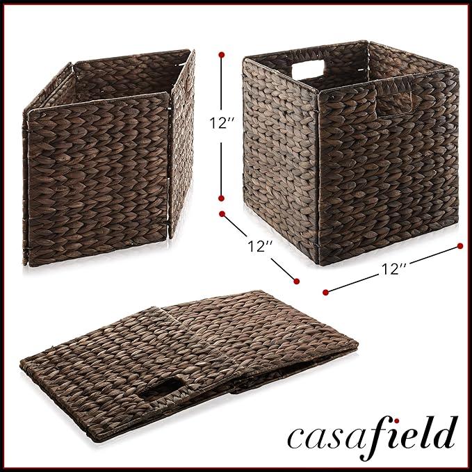 Casafield 12" x 12" Water Hyacinth Storage Baskets, Espresso - Set of 2 Collapsible Cube Organizers, Woven Bins for Bathroom, Bedroom, Laundry, Pantry, Shelves - ModernBath