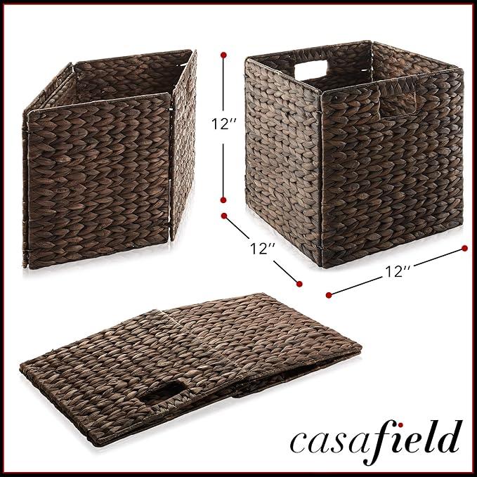 Casafield 12" x 12" Water Hyacinth Storage Baskets, Espresso - Set of 6 Collapsible Cube Organizers, Woven Bins for Bathroom, Bedroom, Laundry, Pantry, Shelves - ModernBath